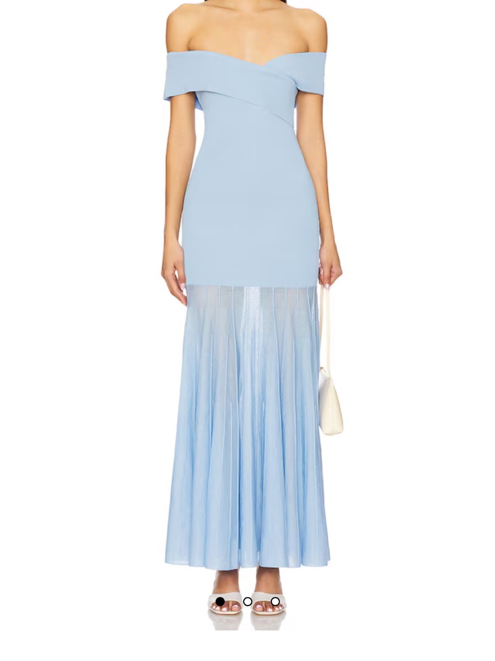 Line & Dot Off-Shoulder Light Blue Maxi Dress with Sheer Pleated Skirt